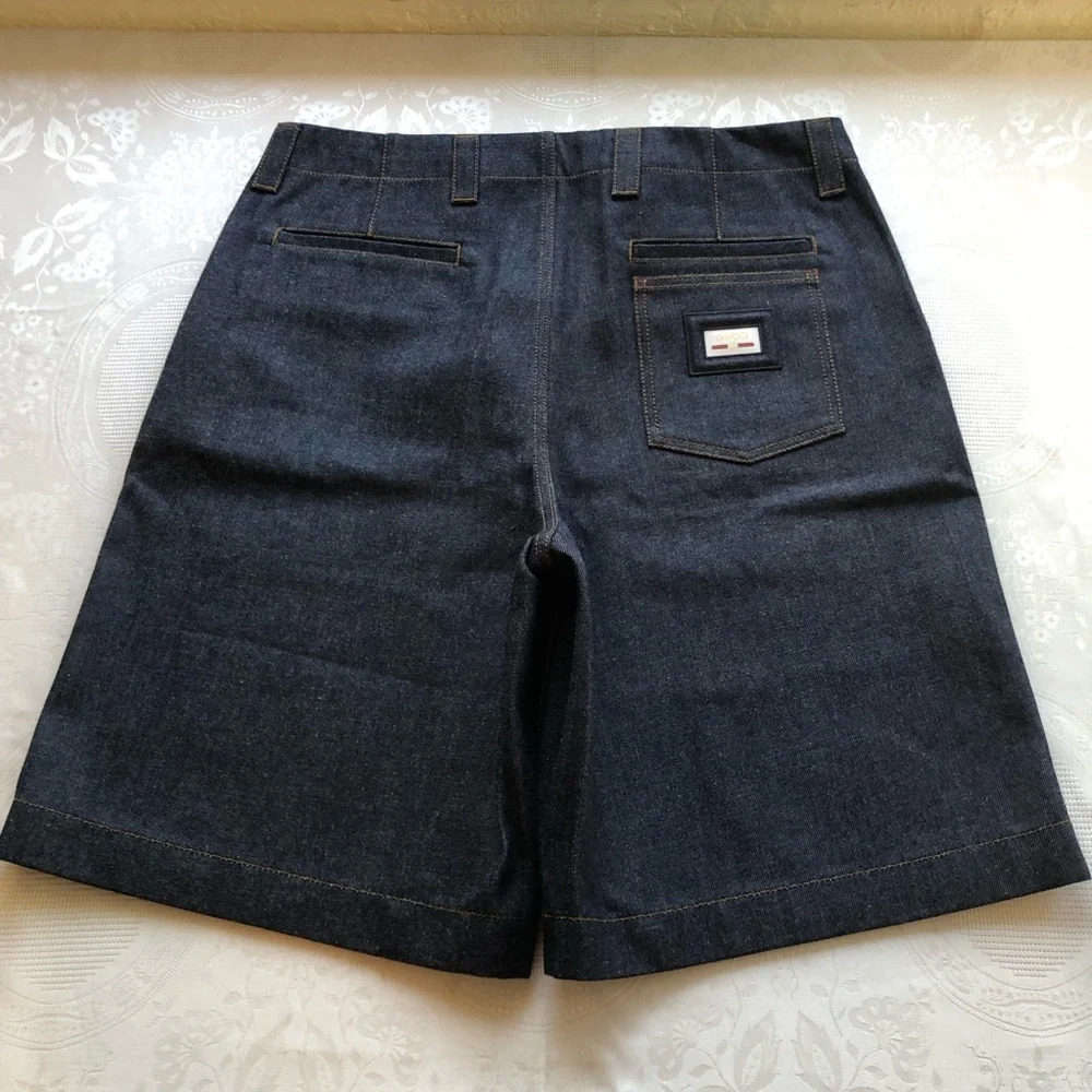 Gucci Dark Blue Raw Denim Jeans Bermuda Shorts Men's Size 52 Front Zip/Button